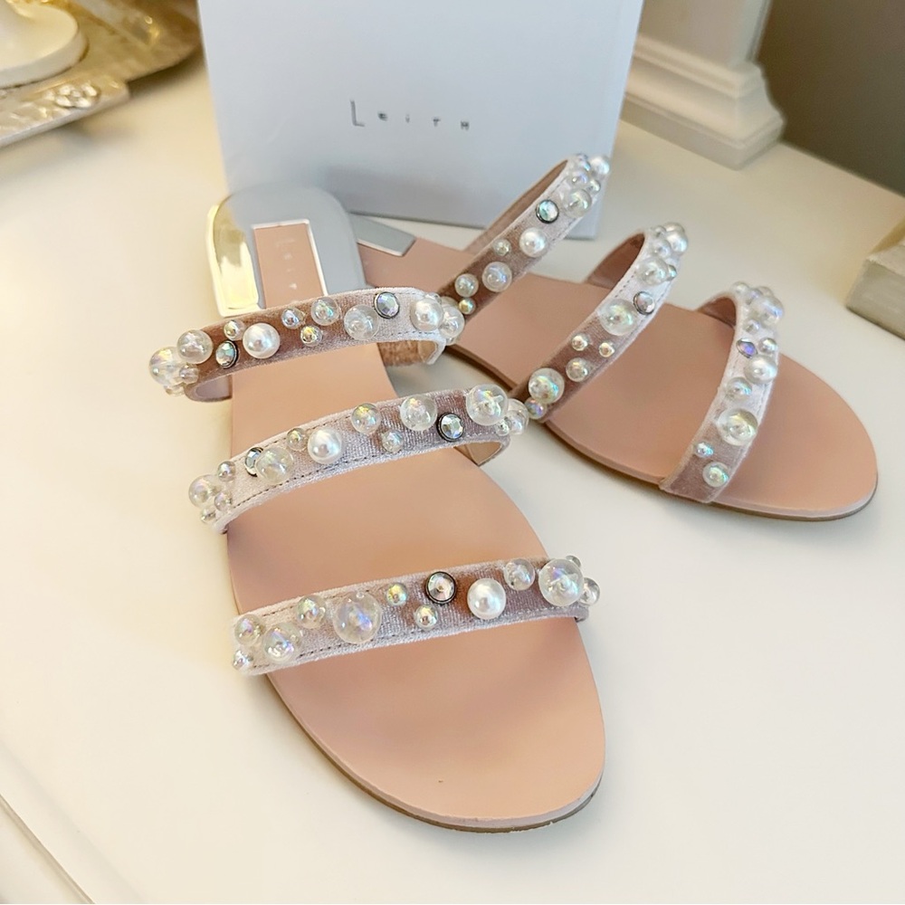 Leith Pearl Embellished Nude Strappy Sandals - Picture 2 of 5